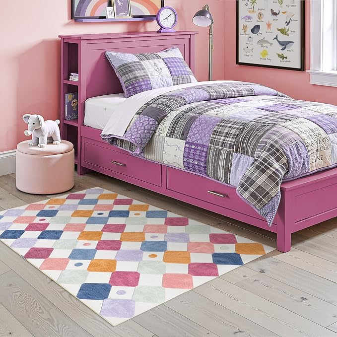 jinchan 4x6 Area Rug Colorful Kids Play Mat Washable Classroom Rug Berries | Soft, Non-Slip, Kid-Friendly, Preschool Rug, Diamond Design, Cream Background, Playroom, Nursery, Bedroom, Dorm, Daycare