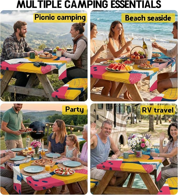 Picnic Table Cover with Bench Covers Waterproof Fitted Table Cloth Tablecover Camper Camp Camping Essentials Outdoor Beach Summer River Water Motorhome Trailer Road Trip Tent Rv Car Travel Activities