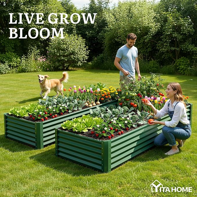 YITAHOME 6x3x1.5ft 2pcs Large Raised Garden Bed Kit, Galvanized Metal Planter Box with Gloves, Support Rod, Outdoor Above Ground Planters for Plants Vegetables Flowers, Green