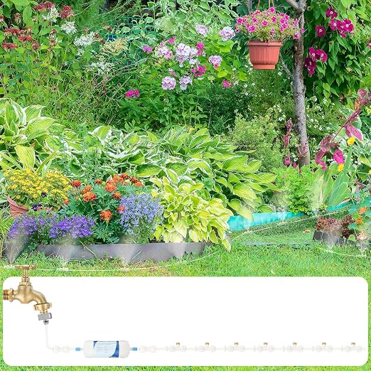 Glooglitter 59 ft Misters for Outside Patio Misting Cooling System 16 Brass Mist Nozzles 16 Brass Adapter(3/4") 20 Badge Clips 20 Cable Clips for Garden Greenhouse Fan Deck Pasture Pool BBQ Party