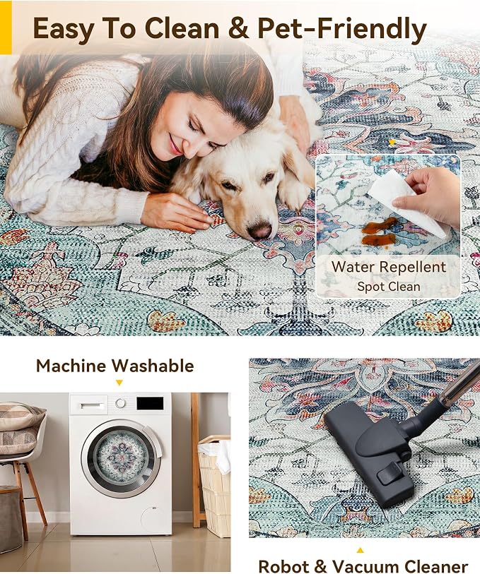 RELEANY Washable Area Rug, Round 10ft, Teal Green/White/Navy | Non-Slip, Water Repellent, Pet Friendly, Easy to Clean, Vintage Floral Boho Decor for Living Room Bedroom Dining Room