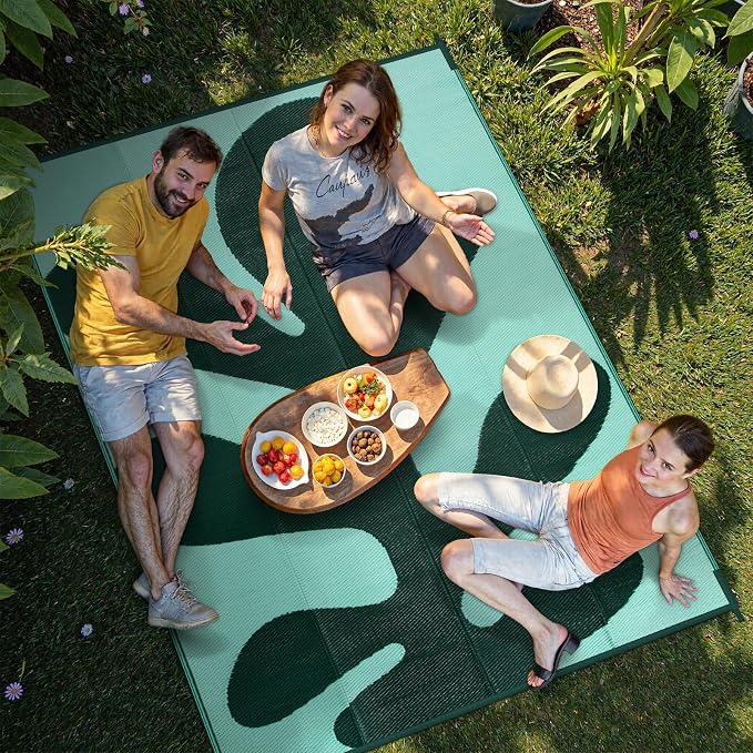 Lahome Coastal Coral 9x12 Outdoor Picnic Pool Rug, Plastic Green Outdoor Rug for Beach Camper, Lightweight Portable Waterproof Outside Camping Carpets for Patio, Green 9'x12'