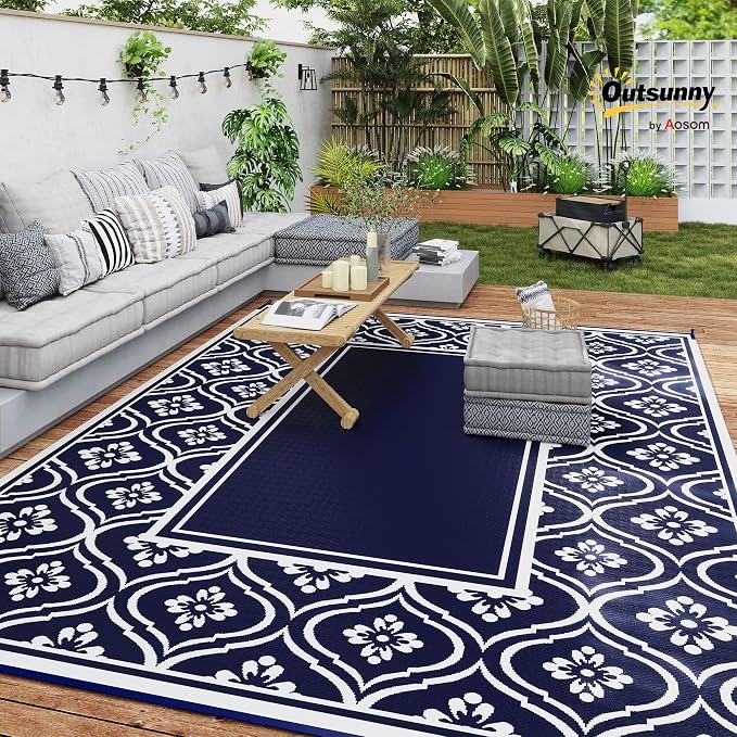 Outsunny Outdoor Rug for Patio, 9' x 12' Waterproof Large Mat, Reversible Plastic Straw Rug for Decor, Portable Outside RV Camping Area Carpet Mat for Backyard Porch Deck Picnic, Blue & White Gourd