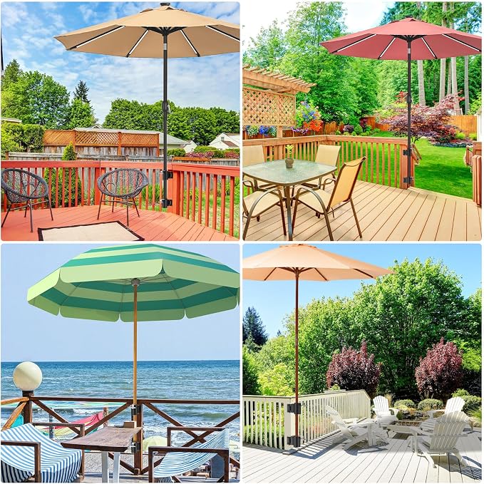 Heavy Duty Deck Railing Umbrella Holder, Adjustable Patio Umbrella Stand for 1-2 Inch Poles, Post Flat & Right Angle Mount, Maximizes Deck Space