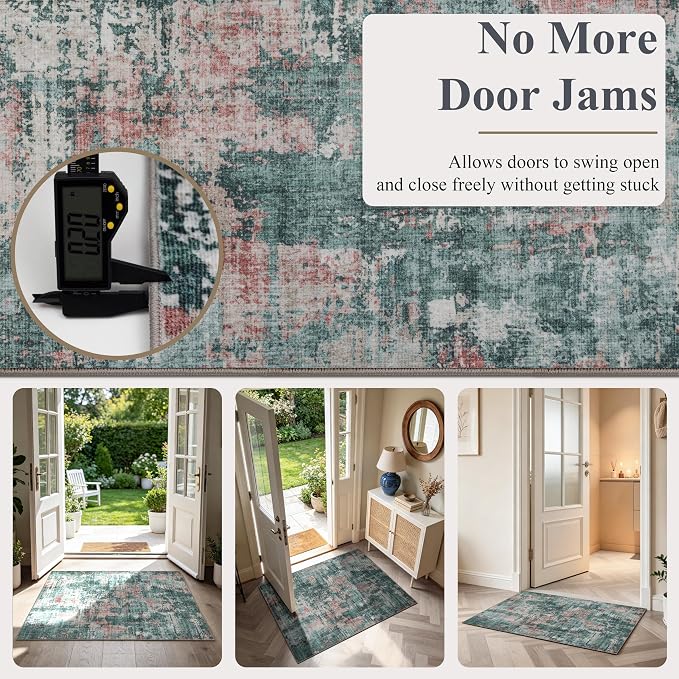 Sasttie 2x10 Runner Rug, Modern Abstract Hallway Carpet, Pink & Green | Machine Washable, Ultra-Soft Faux Wool, Low Pile, Non-Slip, Thin, for Entrance, Entryway, Kitchen & Laundry Room