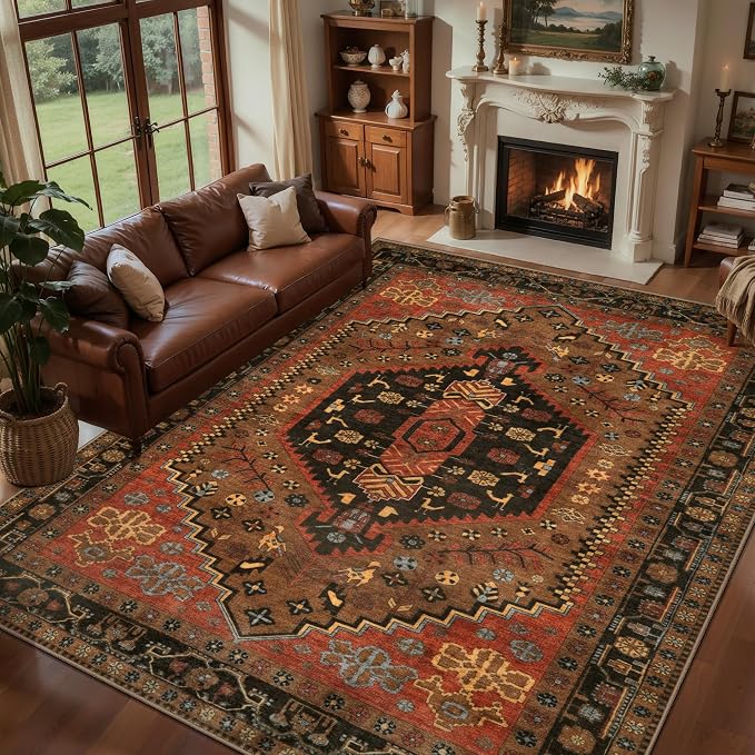 Ciicool 6x9 Area Rugs,Washable Large Boho Carpet for Living Room Bedroom | Oriental Low-Pile Soft Vintage Non-Slip Indoor Throw Carpet for Kitchen Bedside Bathroom Dining Room Foyer Decor
