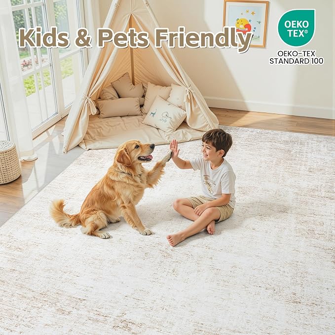 Washable 5x7 Abstract Beige Area Rugs for Living Room | Large Modern Neutral Rugs Soft Non Slip Stain Resistant Low Pile Carpet Dining Room Bedroom Indoor Nursery Home Office