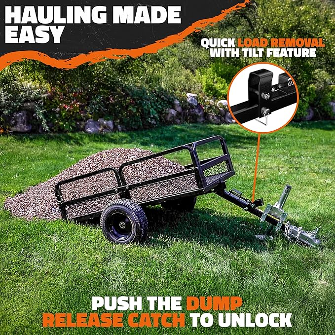Mockins Heavy Duty 750 Lbs. Capacity UTV ATV Utility Trailer w/Cover & Net | Lawn Mower Trailer w/ Ramp, Jack Stand & 16" Wheels | Off-Road Steel Garden Dump Cart for Lawn Tractor , ATV Cart & More