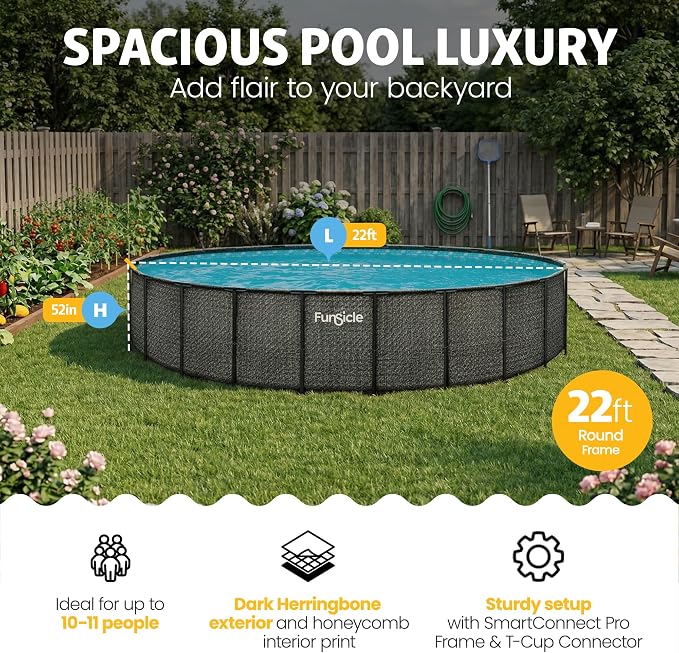 Funsicle Oasis Designer 22' x 52" Round Above Ground Swimming Pool, with CP2000-C Filter Pump, Ladder, Maintenance Kit, Cover, Ground Cloth & Repair Patch, Dark Herringbone