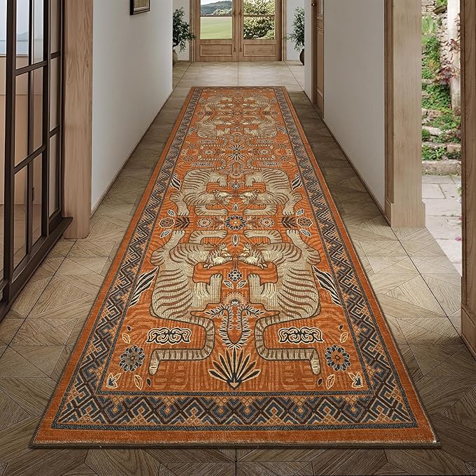GarveeHome Tiger Print 2.5'x8' Washable Non Slip Runner Boho Hallway Rugs | Terracotta Kitchen Runner Ultra Thin Soft Vintage Tribal Indoor Throw Floor Carpet for Laundry Entryway Bedroom Bathroom