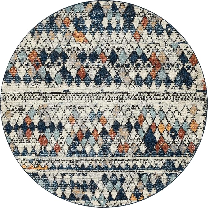 Unique Loom Morocco Collection Abstract Border, Diamond, Bohemian Area Rug (7' 0 x 7' 0 Round, Multi/Blue)