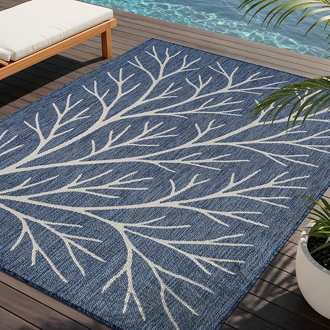 Washable Indoor Outdoor Rug 5x7 Modern Area Rugs Branch Pattern Non Shedding Waterproof Easy Clean Patio Deck Porch Living Room Bedroom Garden RV (5 X 7 Blue)