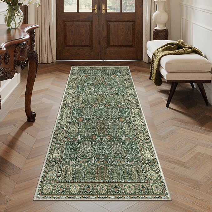 2x10 Kitchen Runner Rug, Washable Non Slip, Forest Green | Vintage Floral Design, Spill Resistant Lightweight Low Pile Carpet for Hallway, Bedroom, Laundry Room, Bathroom