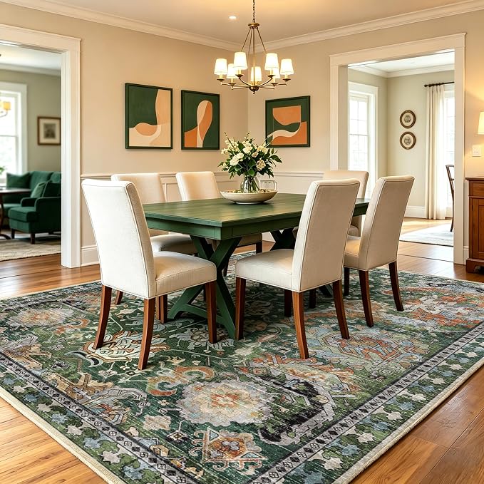 Washable Area Rugs - Perfect for Living Room, Bedroom, Kids Room, Nursery - Stain & Water Resistant Non-Slip, Pet & Child Friendly, Vintage Tribal Area Rugs (Green, 8' x 10')
