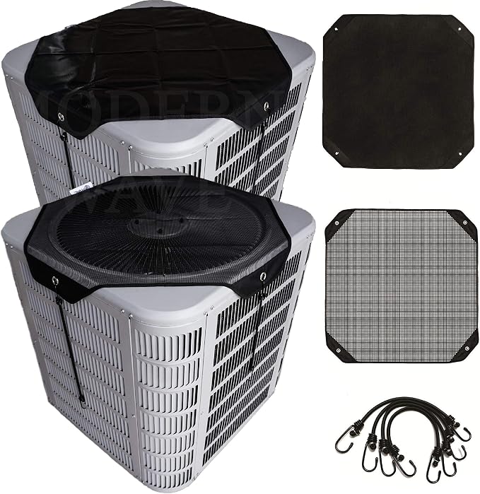 MODERN WAVE - 2 (Two) Central Air Conditioner Covers for Outside Units 28 x 28 inch - 1 (One) Top Universal Mesh Cover and 1 (One) Winter Waterproof Outdoor AC Defender Cover (Black, 28" x 28")