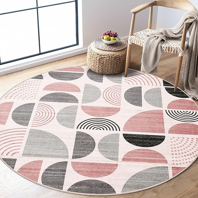 Round Rugs 5ft,Circle Area Rug Washable Non Slip Modern Abstract | Circular Rugs for Bedroom Living Room Dining Room Boho Throw Carpet Soft Low Pile Floor Indoor Bohemian Pink and Grey