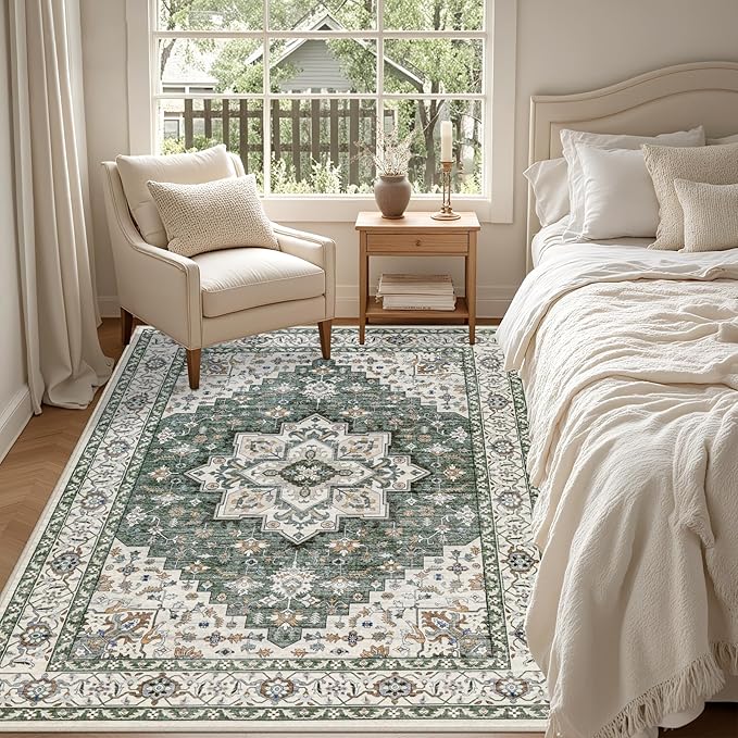 6x9 Area Rugs Living Room: Washable Rug for Bedroom Green Ivory | Boho No Slip Stain Resistant Rug Soft Indoor Decor Floor Floral 6x9 Area Rugs for Dining Room, Nursery, Hallway, Home Office