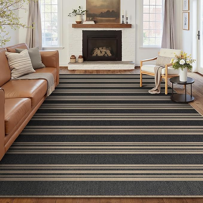 PureCozy Striped Easy Jute Rug 9x12 Black Living Room Carpet Washable Non Slip Bedroom Rug Farmhouse Neutral Non Shedding Indoor Outdoor Large Carpet for Dining Room Under Table Office