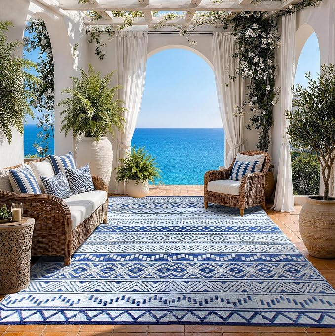Outdoor Rug 9 x 12 ft, Reversible Plastic Straw Rug for Patio, Waterproof Large Outdoor Carpet for RV, Patio, Camping, Backyard, Deck, Picnic, Beach, Navy & White