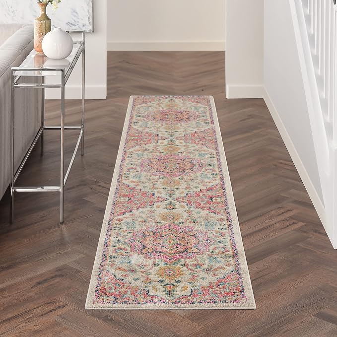 Nourison Home Passion Ivory Pink 2'2" x 10' Area Rug - Easy Clean, Non Shedding, Bed Room, Living Room, Dining Room, Kitchen (10' Runner)