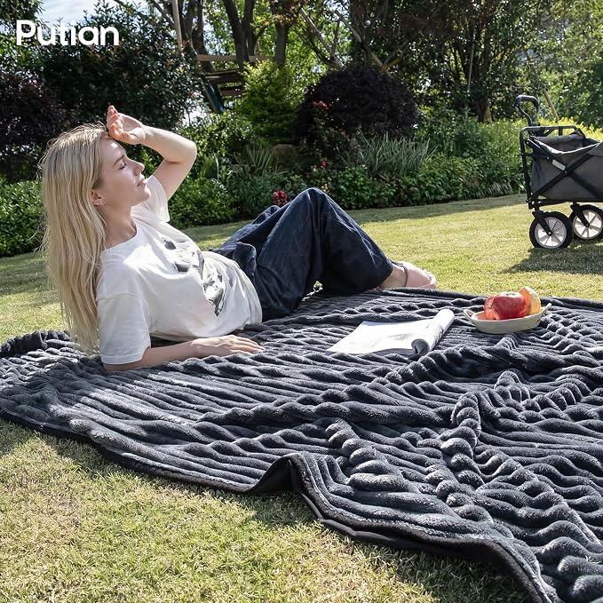 PuTian Waterproof Outdoor Blanket 79"X57" Packable, Stadium & Car Camping Blanket with Corduroy Fleece Lining, Windproof Throw for Picnic Hiking Road Trip, Machine Washable, Dark Grey 350GSM