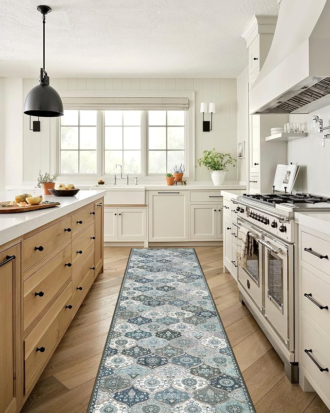 Lahome Moroccan Hallway Runner Rug Non Slip, 2x10 Washable Kitchen Runner | 2x10 Vintage Ultra-Thin Throw Long Carpet for Kitchen Entryway Bedroom Hallways Laundry Room Elise, Blue