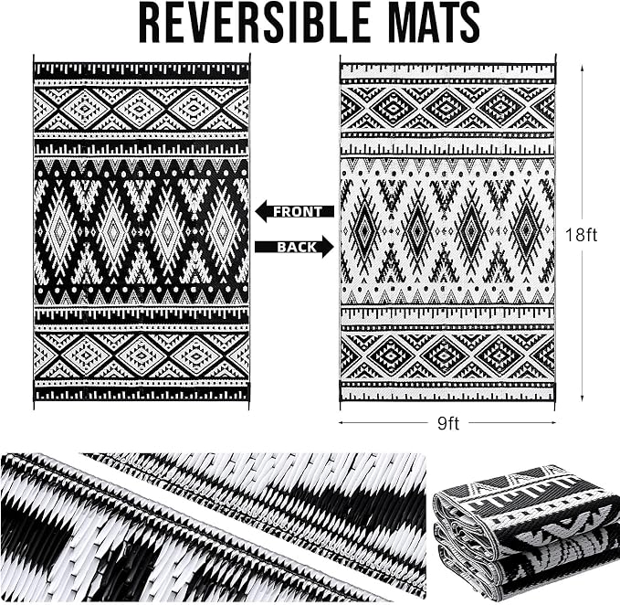 OLANLY Outdoor Rug Waterproof 9x18 ft, Reversible Outdoor Plastic Straw Rug, Boho Patio Rug, Indoor Outdoor Carpet, RV Mat Outside for Patio, Camp, Picnic, Balcony, Deck, Backyard, Black & White