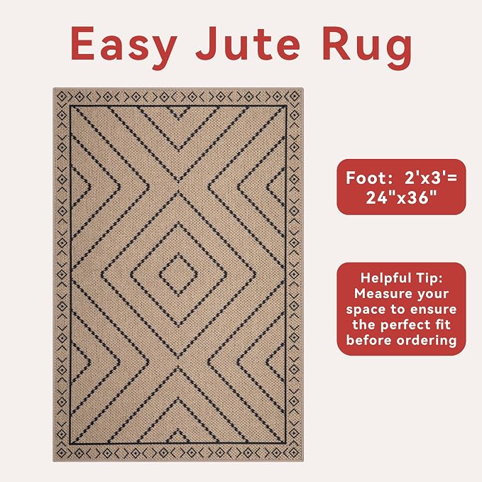 Tangsoo Easy Jute Rug 2x3 Outdoor Rug,Washable Non-Slip Rug for Entryway,Neutral Geometric Ultra Thin Indoor Carpet Farmhouse Throw Mat for Kitchen Bedroom Front Door Entrance