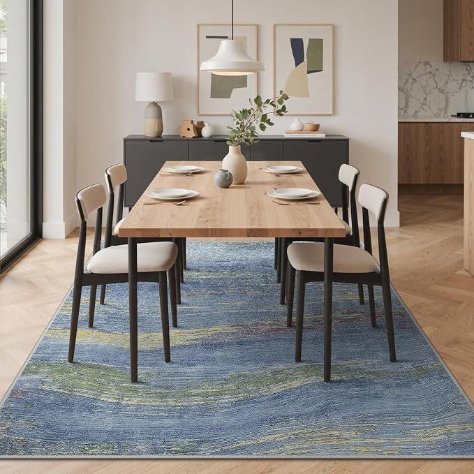 BEIMO 6x9 Washable Area Rug for Living Room, Wave Abstract Ocean Blue | Soft Machine Washable Modern Rug,Streaks Pattern Non Slip Indoor Carpet for Dining Room Playroom Bedroom Office
