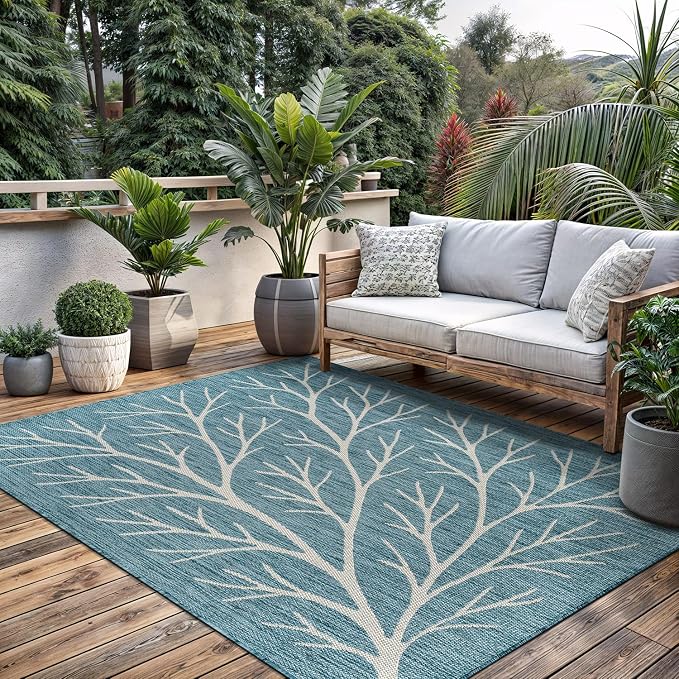 Washable Indoor Outdoor Rug 5x7 Modern Area Rugs Branch Pattern Non Shedding Waterproof Easy Clean Patio Deck Porch Living Room Bedroom Garden RV (5 X 7 Aqua)