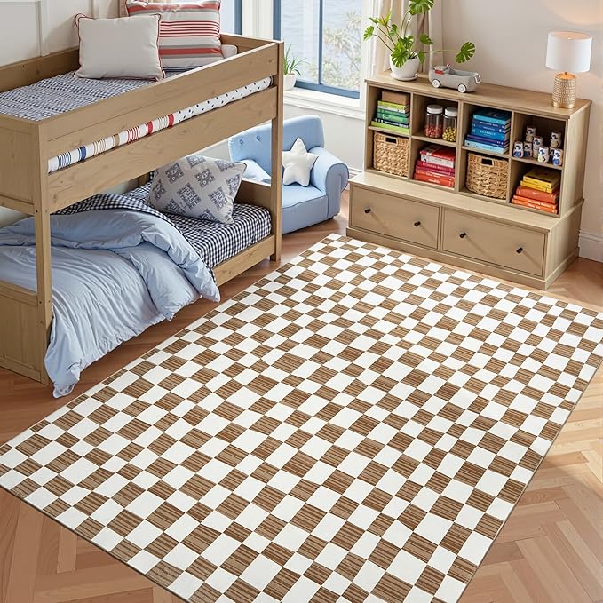 jinchan 6x9 Area Rug Washable Modern Checkered Rug for Kids Room, Brown | Geometric Lattice, Soft, Non-Slip, Floor Carpet, Kitchen, Nursery, Bedroom, Living Room, Dining Room, Nursery, Playroom