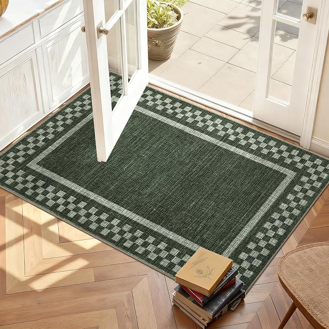 GarveeHome Small Washable Area Rug 2x3 Modern Checkered Entry Bedroom Rug | Solid Color Scalloped Kitchen Rugs Non Slip Stain Resistant Bordered Throw Carpet for Living Room Nursery Laundry, Green