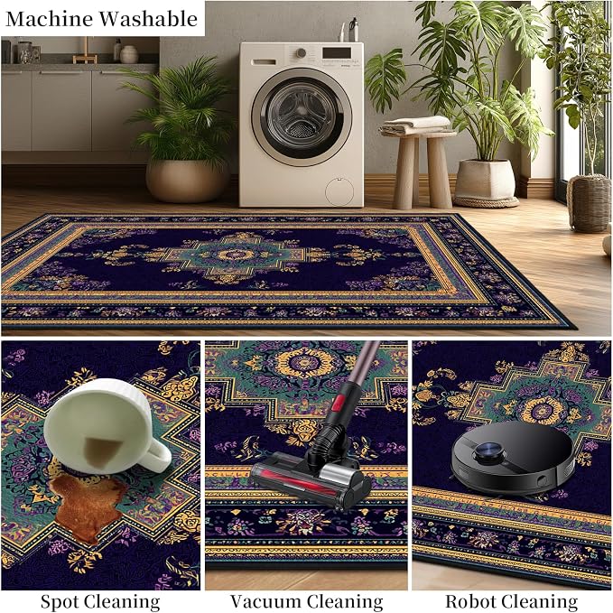 Vintage Boho Purple Area Rug 5x7 Violet Oriental Rugs Living Room Bedroom | Purple Gold Carpet, Soft Washable, Non-Slip Stain Resistant, Pet Friendly, Easy to Clean