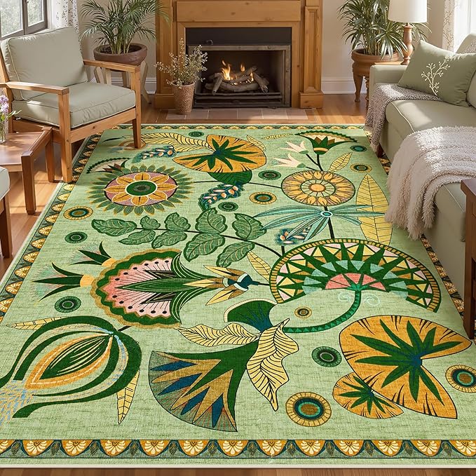 Joydeco Egypt Floral Large Washable 9x12 Area Rug for Living Room Bedroom | Boho Botanical Colorful Aesthetic Non Slip Flower Indoor Throw Carpet for Dining Room Office Guest Room Playroom, Sage Green