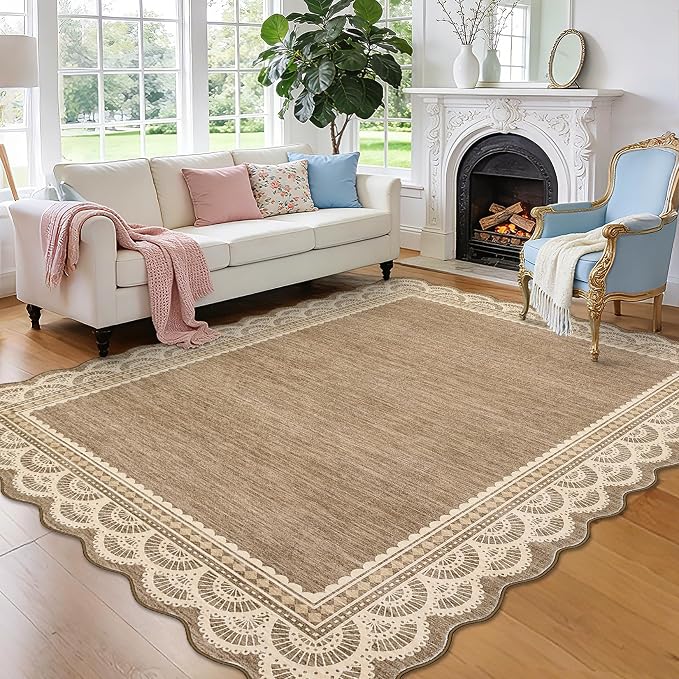 Garvee 9x12 Scalloped Lace Rug for Living Room Washable Soft Rugs Brown | Non Slip Low Pile Rug, Non-Shedding Carpet for Bedroom Playroom Kids Room, Stain Resistant Rugs, Solid Rug for Girls Room