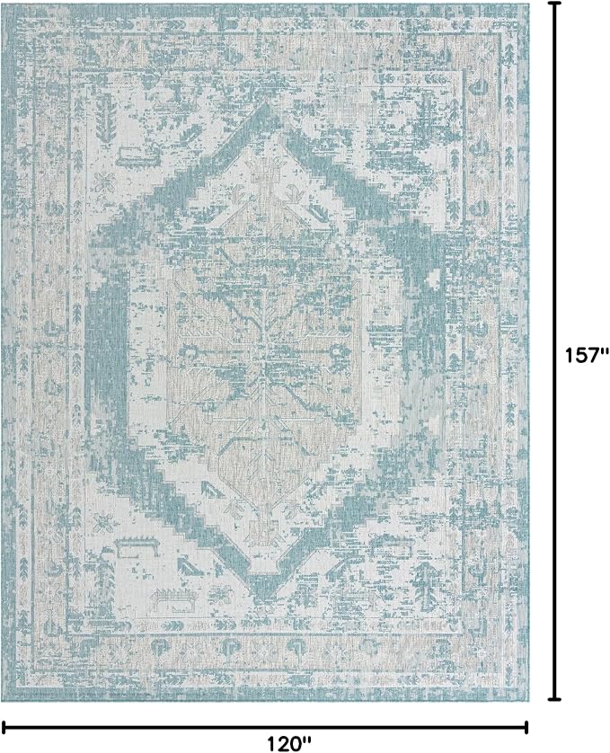 Unique Loom Outdoor Traditional Collection Area Rug - Valeria (10' x 13' 1" Rectangle, Aqua/ Ivory)