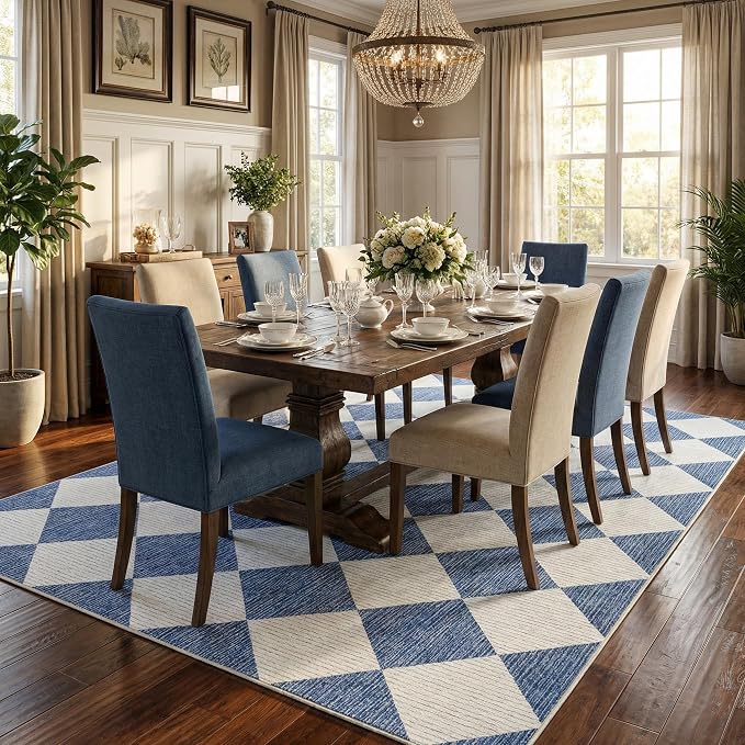 GarveeHome 6x9 Checkered Area Rug Navy Blue Washable Living Room Rug | Modern Geometric Farmhouse Carpet Soft Low Pile Non Slip Diamond Floor Mat Plaid Print Throw Rug for Dining Room Playroom