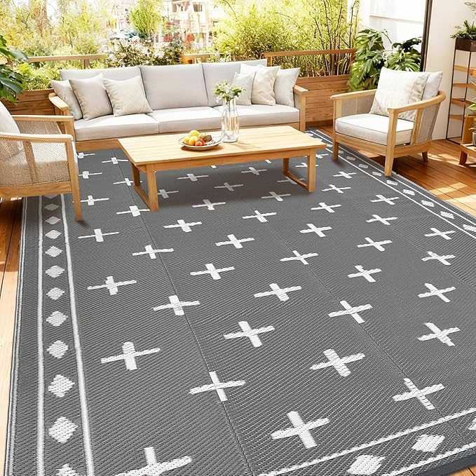 Outdoor Rug Waterproof 10x14 Outdoor Carpet Patio Rug Mat Modern Reversible RV Camping Rug Plastic Straw Outside Rug for Balcony Porch Deck Picnic Beach，Grey/White