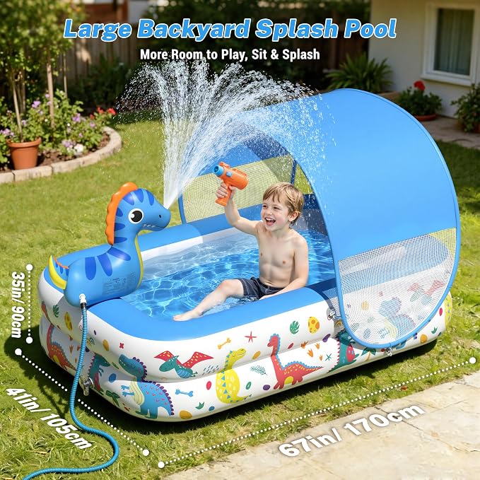 JOSEN Dinosaur Kiddie Pool with Canopy and Sprinkler, Inflatable Baby Pool with Soft Cushioned Floor, Portable Toddler Blow Up Pool Ball Pit for Backyard, Outdoor/Indoor Play Toys