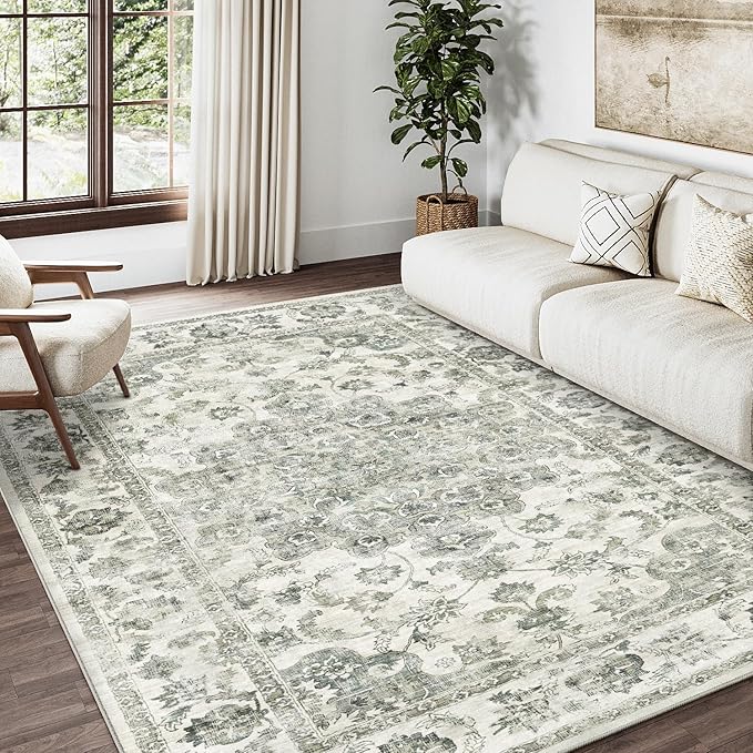 4x6 Green Neutral Area Rug | Washable, Non Slip, Soft Low Pile, Vintage Farmhouse, for Entryway Kitchen Bathroom Living Room Bedroom Indoor Home Decor