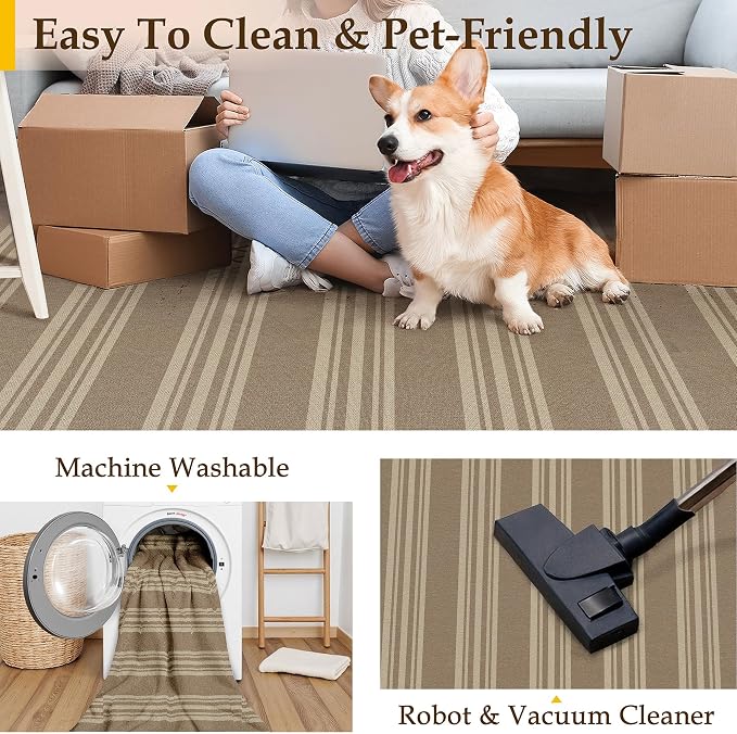 PureCozy Striped Easy Jute Rug 2x3 Khaki Entryway Carpet Washable Non Slip Door Mat Farmhouse Neutral Non Shedding Entry Small Indoor Outdoor Rug for Kitchen Bedroom Mudroom Bathroom