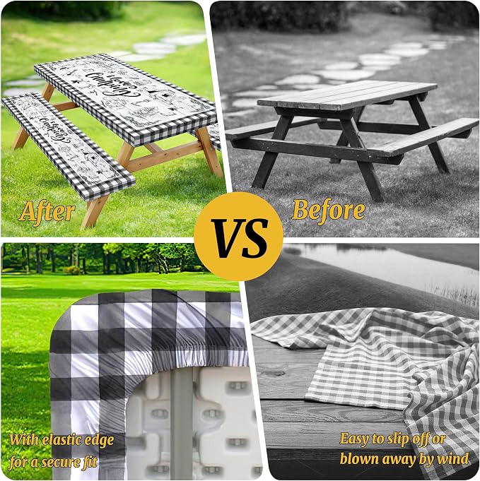 Picnic Table Cover with Bench Covers Elastic,Fitted Table Cloths for Rectangle Tables 6 Foot Washable,Waterproof Tablecloth for Outdoor Camping Essentials Accessories(6 Foot,Checked)