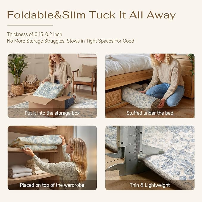 3x4 Blue Neutral Area Rug | Washable, Non Slip, Soft Low Pile, Vintage Farmhouse, for Entryway Kitchen Bathroom Living Room Bedroom Indoor Home Decor