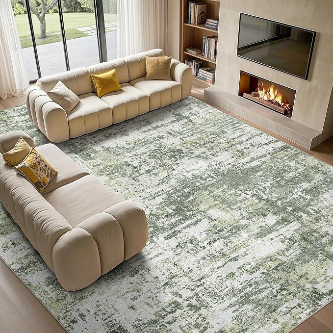 Tortania Area Rug Living Room Rugs - 8x10 Modern Abstract Neutral Large Soft Thin Rugs - Non Slip Indoor Carpet for Bedroom Dining Room Office Nursery Home Floor Decoration - Green