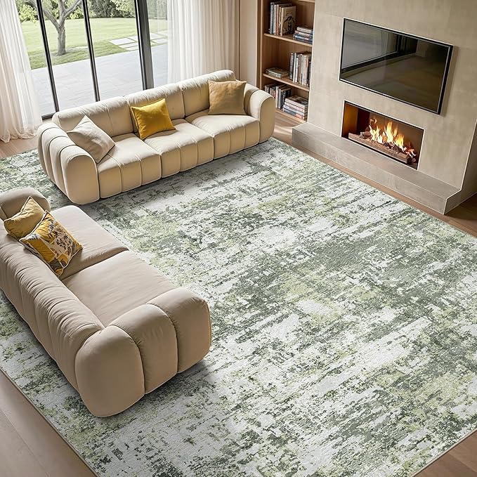 Tortania Area Rug Living Room Rugs - 7x9 Modern Abstract Neutral Large Soft Thin Rugs - Non Slip Indoor Carpet for Bedroom Dining Room Office Nursery Home Floor Decoration - Green