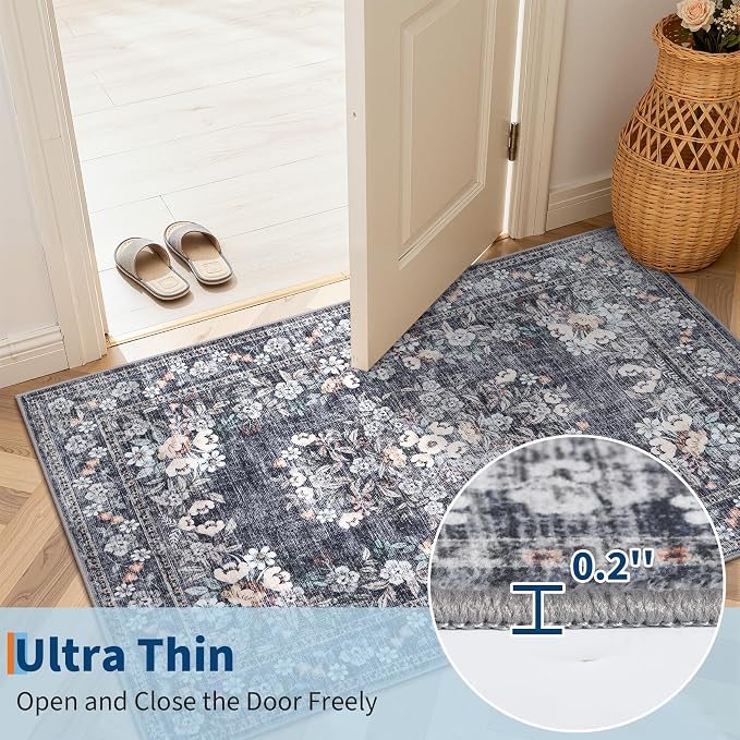 GarveeHome Washable 3x5 Vintage Area Rug for Living Room Bedroom | Boho Botanical Throw Floor Carpets Non-Slip Flower Bordered Accent Mats Floral Area Rugs for Dining Room Office Hallway Blue