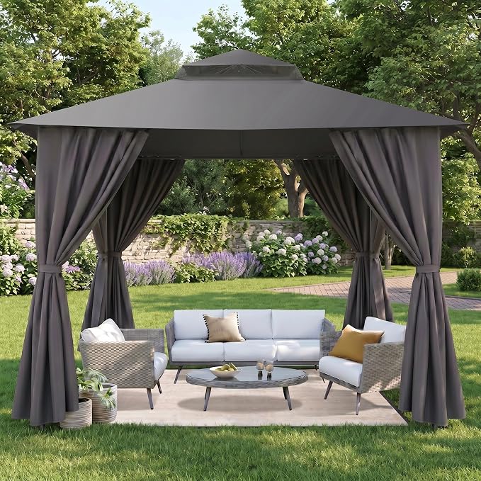 COBIZI 10x10 Gazebo with Double Roof & Mosquito Netting Outdoor Heavy-Duty Party Tent, Patio Tent with Zipper Screens - Backyard Garden Lawn Shelter Includes Wind Ropes Expansion Bolts, Grey