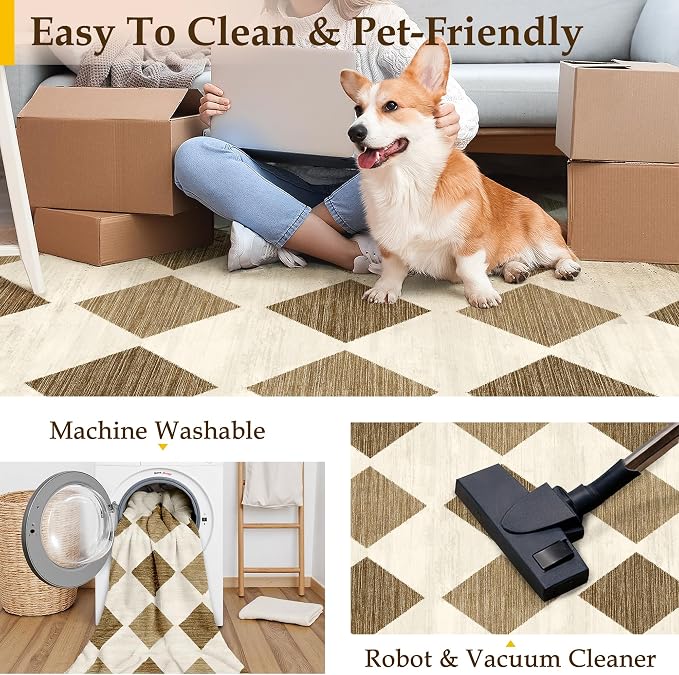3x5 Checkered Area Rugs for Living Room Brown Machine Washable Large Rug Non-Slip Stain Resistant Low Pile Boho Accent Indoor Throw Carpet for Office Bedroom Dining Room Classroom