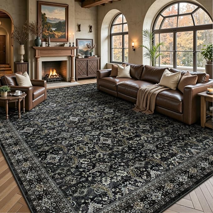8x10 Area Rugs for Living Room - Washable Vintage Retro Large Rug, Soft Ultra Thin Non Slip Low Pile Traditional Distressed Boho Carpet for Bedroom Dining Room Home Office, Black Gold