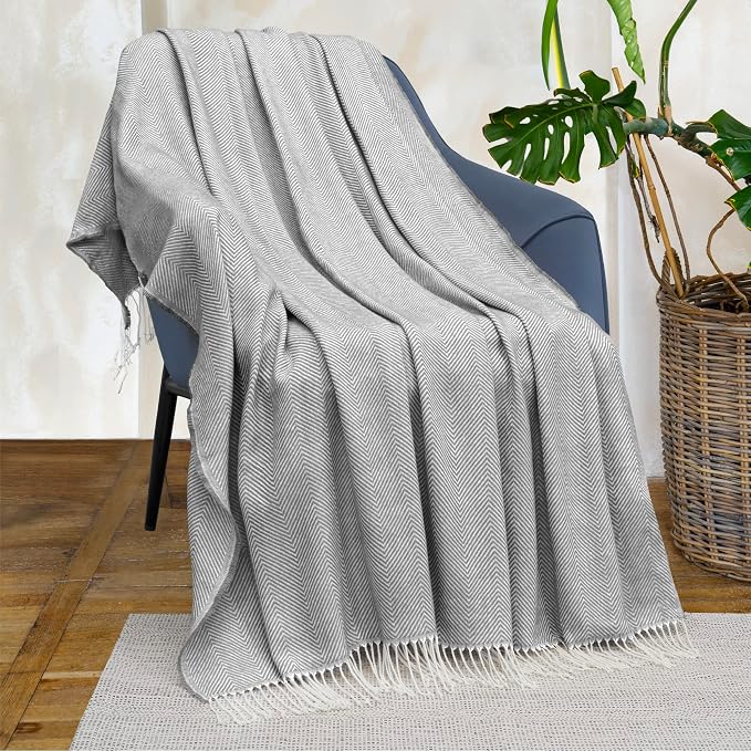 PAVILIA Light Gray Herringbone Throw Blanket for Couch Bed, Decorative Outdoor Throw Blanket, Faux Cashmere Blanket Throw, Lightweight Accent Sofa Blanket Throw, 50x60